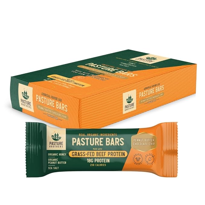 Pasture Brothers Grass-Fed Protein Bars - 18g Protein Seed Oil Free &amp Gluten Free - Clean Energy Snack with Organic Ingredients No Artificials (12-Pack Peanut Butter Chocolate Chip)