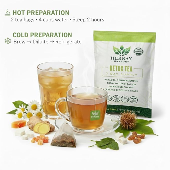 Herbay Harmony Organic Detox Tea – Caffeine-Free Herbal Cleanse for Bloating Relief Digestive Tea &amp Natural Body Detox Organic Herbal Blend with Ginger Chamomile &amp Papaya - 24 Pack (24 Week