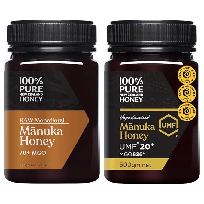 100% Pure New Zealand Manuka Honey MGO 70+ and UMF 20+ Bundle 2 x 17.6 Oz