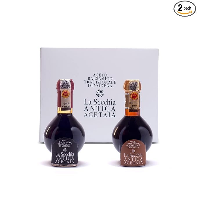 La Secchia - Duetto Aged 20 and 35 years Traditional Balsamic Vinegar of Modena DOP Two Bottles of 100 ml with Glass Dosing Cap