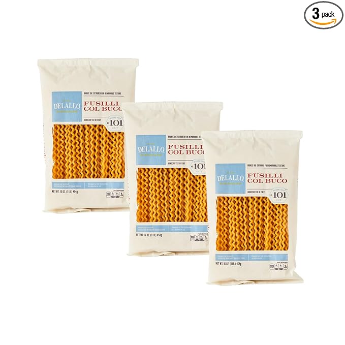 DeLallo Fusilli Col Buco Pasta 1 Pound Bag 3 Pack Fusilli Lunghi Made with Durum Wheat Semolina Flour Authentic Italian Recipe Cooks Al Dente