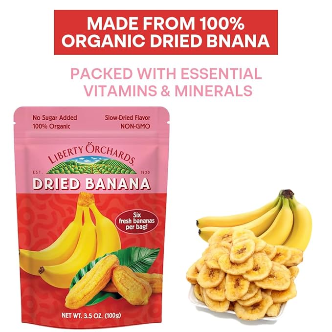 Liberty Orchard Organic Whole Dried Banana - Naturally Sweetened Dried Fruit Snack for Healthy Digestion &amp Busy Lifestyles - Delicious 6 Fresh Bananas in Each Bag - 5 Pack