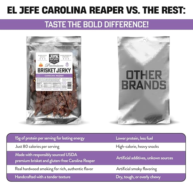 J&ampK Jerky Carolina Reaper Beef Brisket Jerky - Small Batch American Made Slab Beef Jerky's Spicy and Savory Snack with a Kick - Bold &amp Flavorful Snack! - 7oz Big Bag of Jerky's