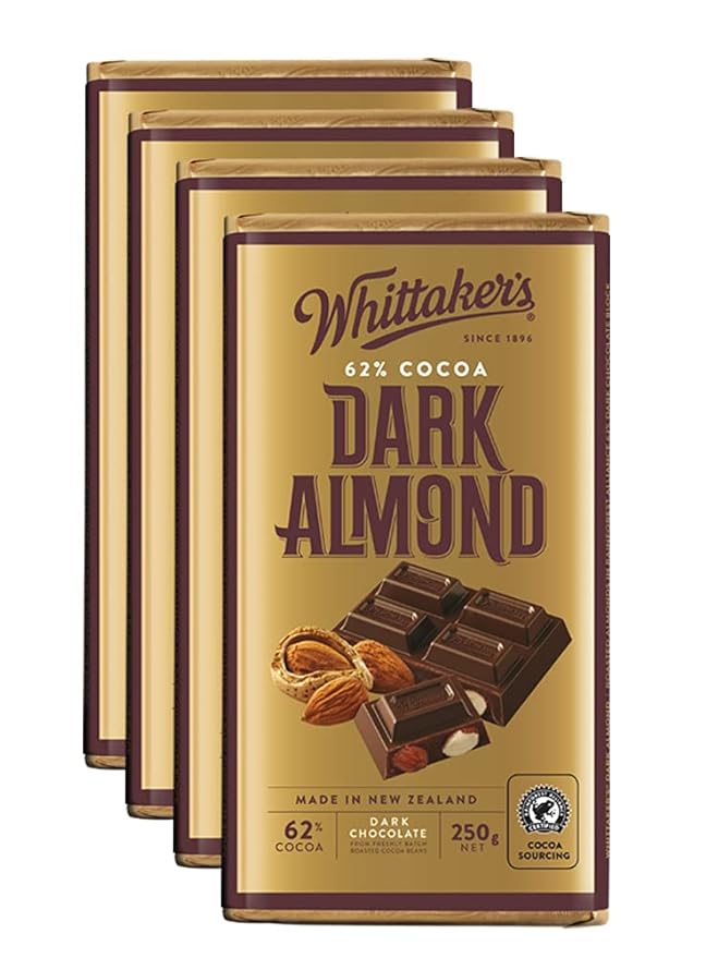 Whittaker's Dark Almond Chocolate Block 250g (Pack of 4) （Made in New Zealand）