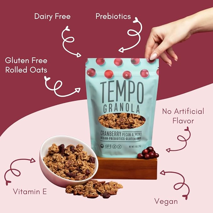 Tempo Granola Cranberry Pecan Almond Loose Granola - 3 Pack of 11 oz Bags - Nutrient-Rich Gluten Free Vegan Oats High Protein Low Sugar Vegan Dairy Free Soy Free Vitamin E Prebiotics For Opt