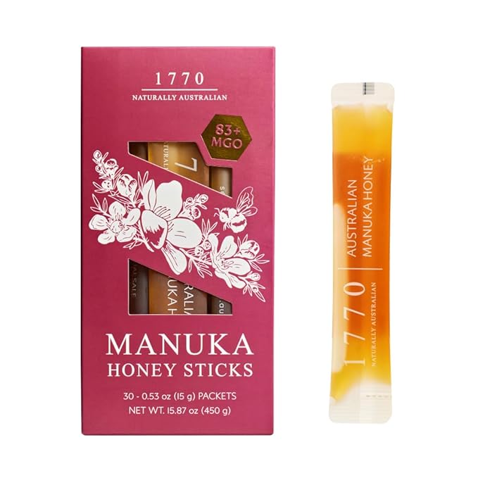 1770 Naturally Australian MGO 83+ Manuka Honey Sticks 30 x 15g Organic Honey for Tea Yogurt &amp Travel Snacks