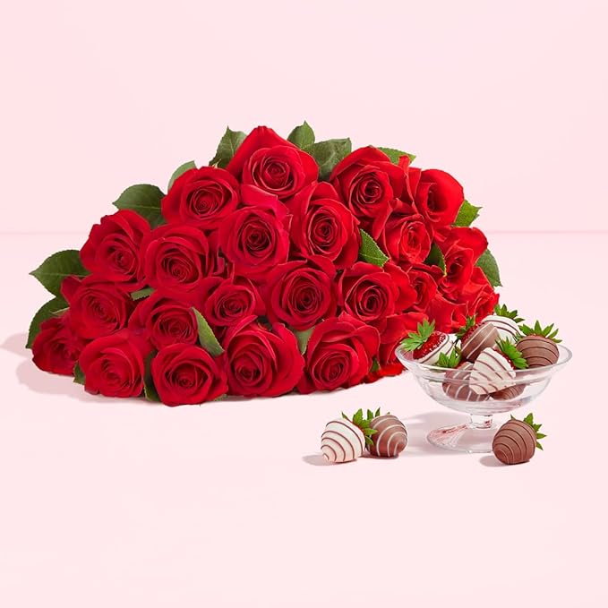 Shari’s Berries 24 Classic Red Roses &amp 12 Chocolate Covered Strawberries Gift Set | Chocolate &amp Fresh Flower Gift Box | Valentine's Day Anniversary Celebrations &amp Thank You’s