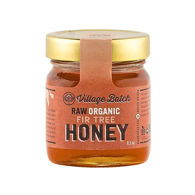 Village Batch Raw Organic Fir Tree Honey 8.5oz Jar (Pack of 1) Unfiltered and Unpasteurized Greek-Honey from Mainalo Mountain Smooth Texture with Vanilla and Conifer Notes