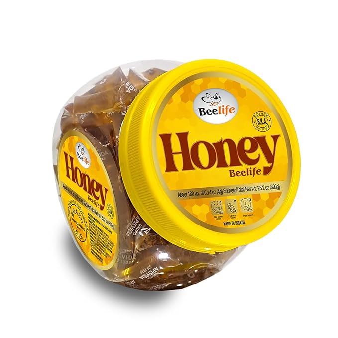 Beelife Pure Honey Packets Raw Unfiltered Sugar Free Honey- Single Serve Mini Packs- From Brazil Certified ISO 22000 Kosher (180 units/ 4g per unit)