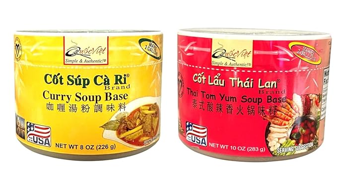 Combo - Curry Soup Base and Tom Yum Thai Soup Base - Cot Sup Ca Ri va Cot Sup Lau Thai - 10 Oz per Jar with 2 Jars per Order - Product of USA