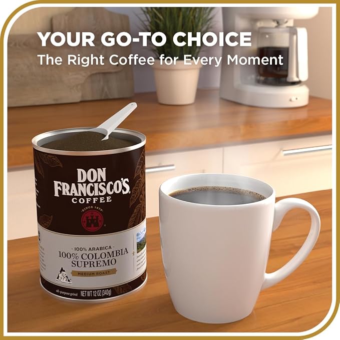 Don Francisco's Premium 100% Colombia Supremo Ground Coffee – RichAromatic Medium Roast with 100% Arabica BeansFloral Notes &amp Winey FlavorRecyclable 12 oz Cans(Pack of 6)
