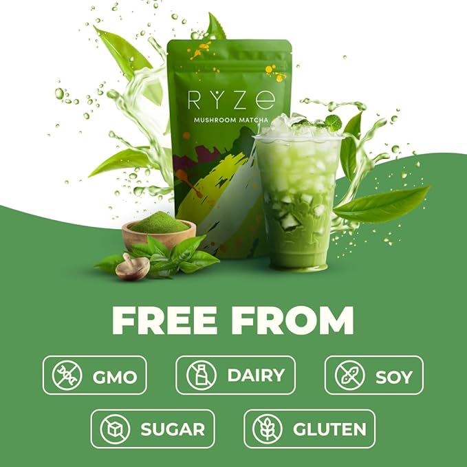RYZE SUPERFOODS Mushroom Matcha USDA Organic with 6 Adaptogenic Mushrooms and Ceremonial-Grade Matcha for Energy Focus Digestion Immunity with Turkey Tail Shiitake Lion's Mane 30 servings