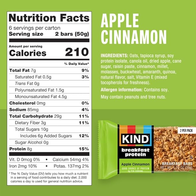 KIND Breakfast Protein Healthy Snack Bar Apple Cinnamon Gluten Free Breakfast Bars 8g Protein 1.76OZ Packs 30 Count