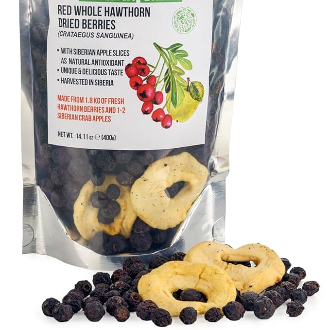 Siberian Green Whole Red Hawthorn Dried Berries 400g (14.11oz) Wild Harvested Crataegus Sanguinea from Altai with Apples slices as antioxidant
