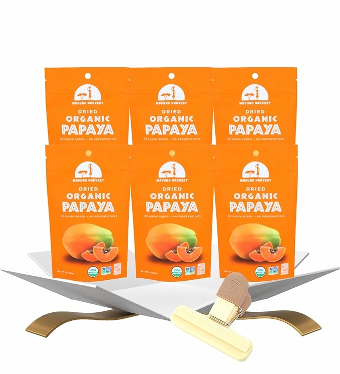 Mavuno Harvest Fruit Dried Papaya Org – 6 pack (2 OZ each) – Snack Bundle for Everyday Treats &amp Sharing – Chewy Texture – Pure Papaya Flavor – Resealable Pack with 1 of 3 Assorted Accessories