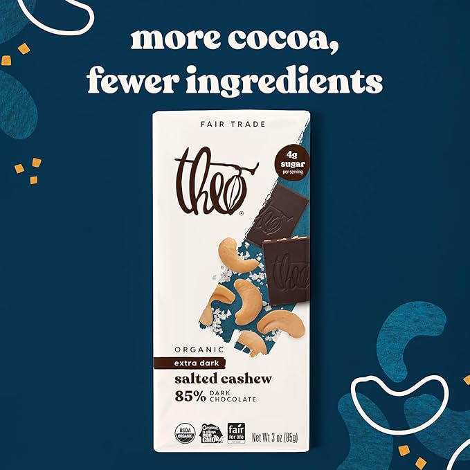 Theo Chocolate Salted Cashew Organic Dark Chocolate Bar 85% Cacao 6 Pack | Vegan Fair Trade