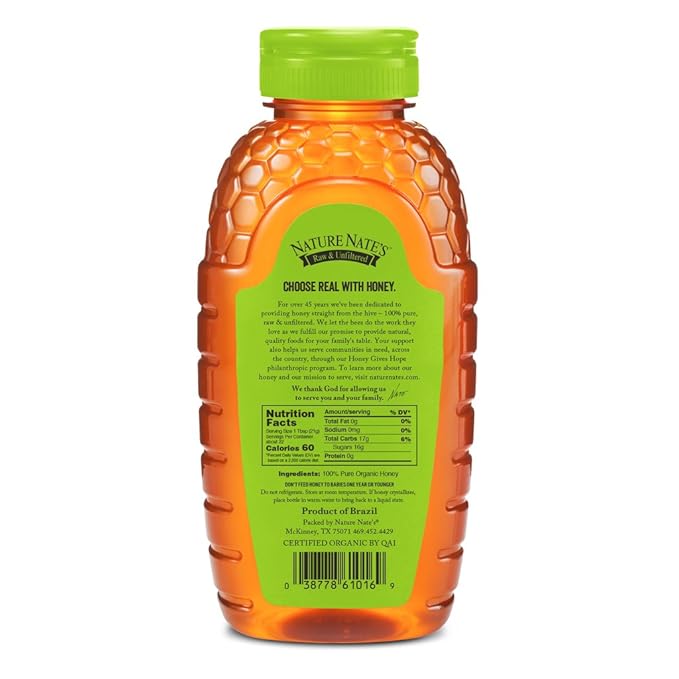 Nature Nate’s 100% Pure Raw &amp Unfiltered Organic Honey 16-oz Squeeze Bottle - 12 Pack Made by Brazilian Bees Enjoy Honey’s Balanced Flavor and Wholesome Benefits