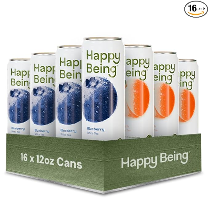 Happy Being White Tea Variety Pack – Blueberry &amp Peach Antioxidant &amp Polyphenol Rich Infused with Turmeric Elderberry Caffeine Free Plant-Based Low Sugar &amp Low Calorie Drinks 12oz (