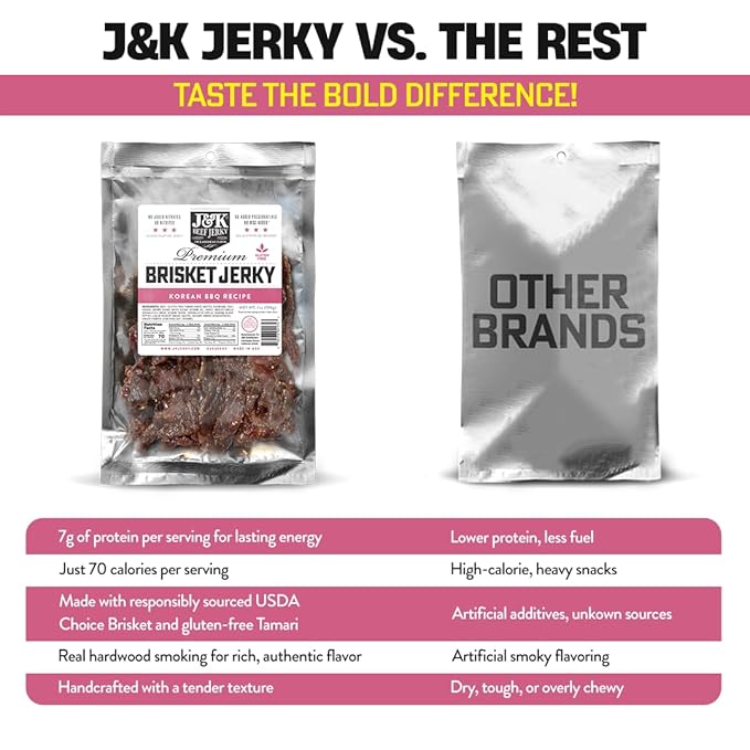 J&ampK Beef Brisket Jerky - Korean BBQ - Hand Crafted Small Batch American Made Slab Jerky - Bold &amp Flavorful Snack! - 7oz Big Bag