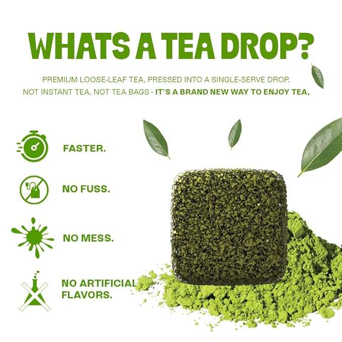 Tea Drops Lightly Sweetened Organic Tea Bulk Box | Matcha Green Tea | Iced or Hot Bagless Instant Tea Beverages Gift Set | Includes Premium Organic Japanese Matcha Powder | 10 Drops per Box