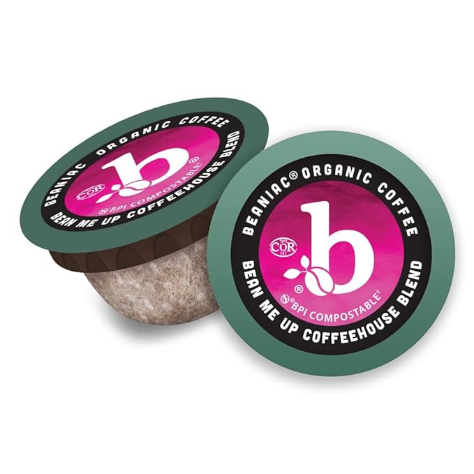 beaniac Organic Bean Me Up Coffeehouse Blend Medium Roast Single Serve Compostable K Cup Coffee Pods Organic Arabica Coffee Keurig Brewer Compatible 72 Count