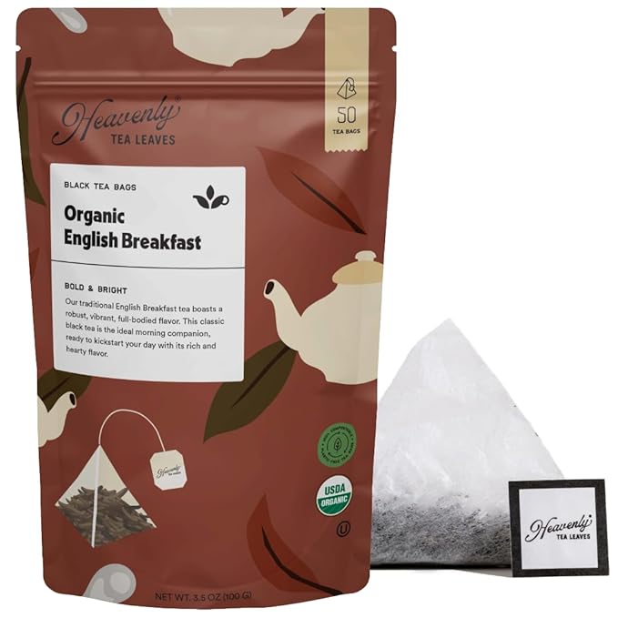 Heavenly Tea Leaves Organic English Breakfast (50 Pyramid Tea Bags) Bulk Compostable Black Tea Sachets - 100% Plastic Free Premium Quality Whole Tea Leaves in a Convenient Tea Bag