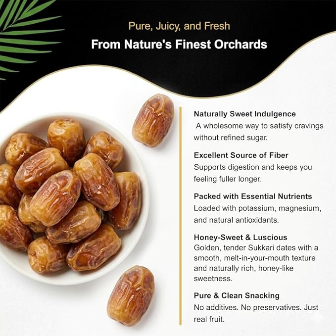 Dolce Frutti Sukkari Dates – Premium Soft &amp Naturally Sweet No Added Sugar 100% Organic &amp Flavorful High Fiber Healthy Snack for Kids and Adults. Perfect for Cooking Baking &amp Smoothie