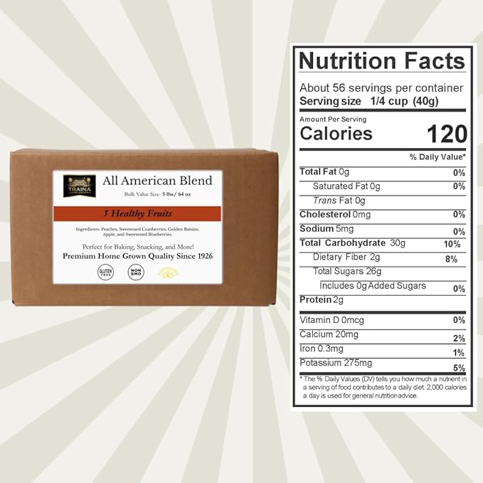 Traina Home GrownAll American Dried Fruit Blend - Peaches Sweetened Cranberries Golden Raisins Sweetened Blueberries Apples - Bulk 5 lb Case Non-GMO Gluten-Free- Dried Fruit for Bakeries Restau