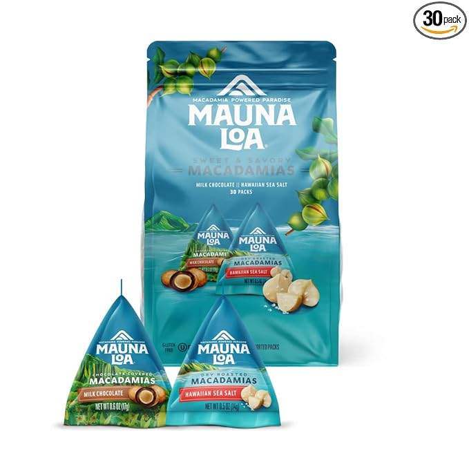 Mauna Loa Premium Roasted Macadamia Nuts Sweet and Savory Mini Packs Sea Salt and Milk Chocolate .5 Oz Pouches (Pack of 30)