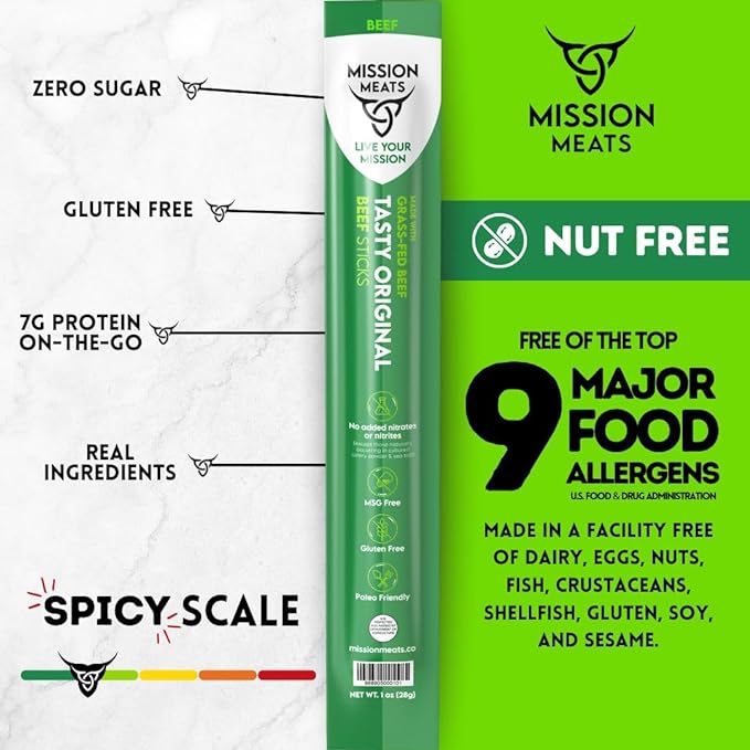 Mission Meats Beef Sticks – 100% Grass Fed Beef Zero Sugar Healthy Snacks Individually Wrapped Gluten Free Non-GMO Original 1oz (Pack of 12)
