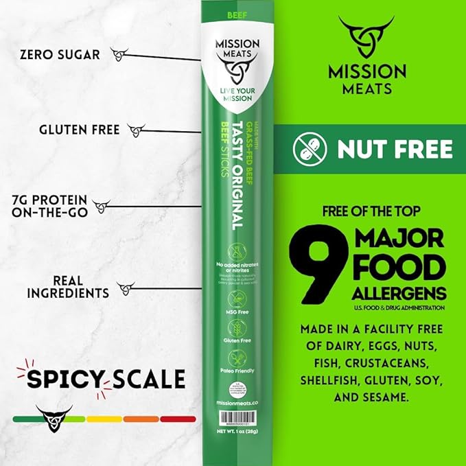 Mission Meats Beef Sticks – 100% Grass Fed Beef Zero Sugar Healthy Snacks Individually Wrapped Gluten Free Non-GMO Original 1oz (Pack of 10)
