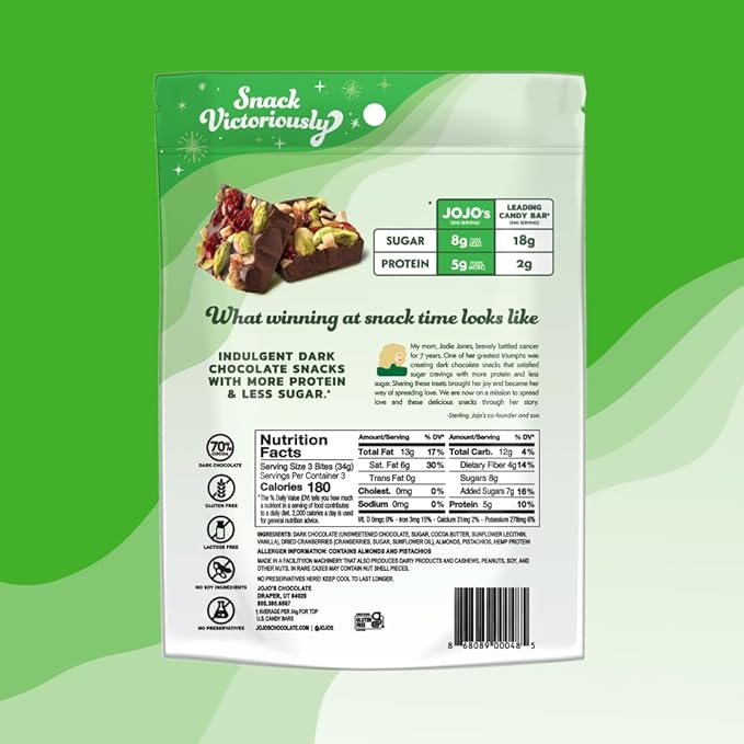 JOJO's Dark Chocolate Pistachio Almond Cranberry Healthy Snack Low Sugar Low Carb Gluten Free Non GMO Paleo &amp Keto Friendly Made with Plant Based Hemp Protein Vegan (4 Count)