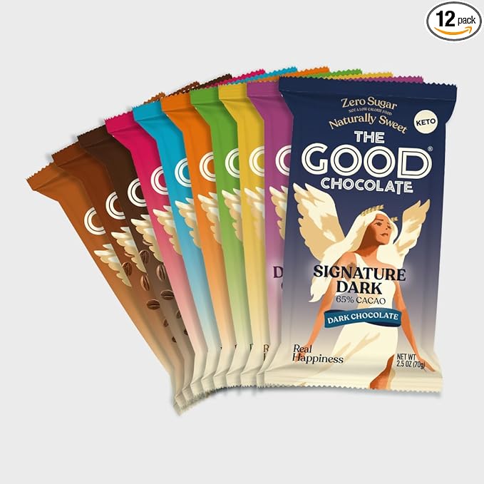 The Good Chocolate - Keto Chocolate Variety Pack Zero Sugar Lower Net Carb Snack Lower Calorie Chocolate Candy Variety Pack 6 Flavors 12 Bar Value Pack
