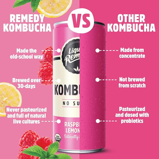 Liquid Remedy Kombucha Sugar Free Organic Drink Low Calorie Probiotic Like Tea for Gut Health - Raspberry Lemonade - 8.5 Fl Oz Can 24-Pack