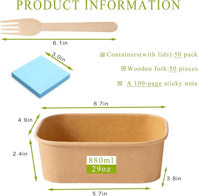 MINCOCO 50 Count Paper Bowls Disposable Meal Prep Containers with Lids【Includes 50 Wooden Forks + 100 Labels】 Salad Food Containers Freezer &amp Microwave Safe Leakproof Soup Bowls (29 Ounce 50-Coun
