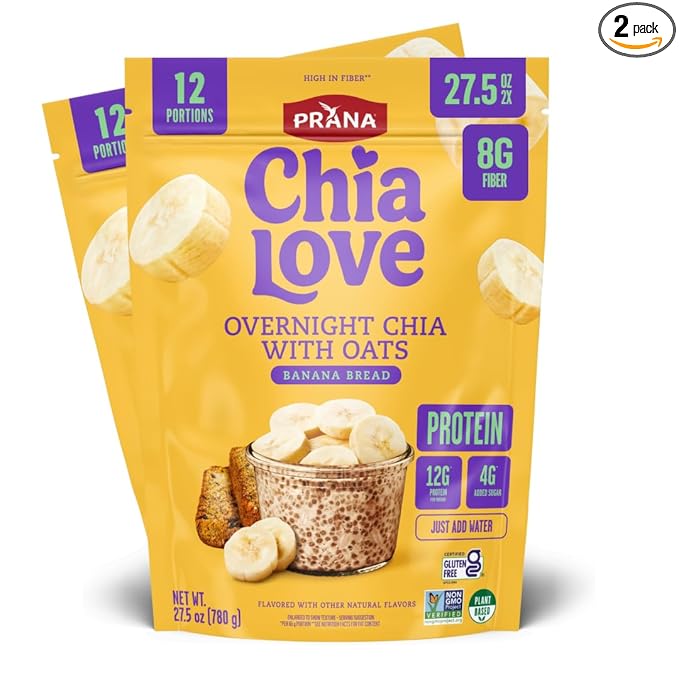 Chialove Overnight Chia with Oats Banana Bread | 12g of protein | Low Sugar | Rich in Fiber Vegan Gluten-free Non-GMO | Ready to Eat Breakfast - 27.5 oz Bags - 2 Pack
