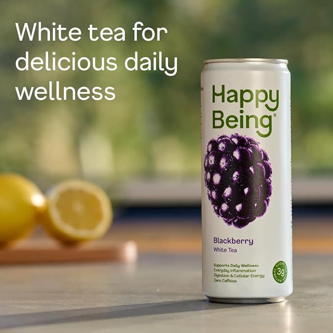 Happy Being Blackberry White Tea – Antioxidant &amp Polyphenol Rich Infused with Turmeric Elderberry Caffeine Free Plant-Based Low Sugar &amp Low Calorie Drinks 12oz (16 Pack)