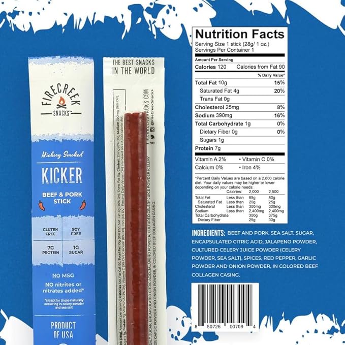 FireCreek Snacks Beef Sticks (Jerky Sticks) Hickory Smoked Beef &amp Pork Meat Sticks 20 Pack (1 oz) 7g Protein 1g Carbs Gluten Free Soy Free No MSG Kicker Spicy