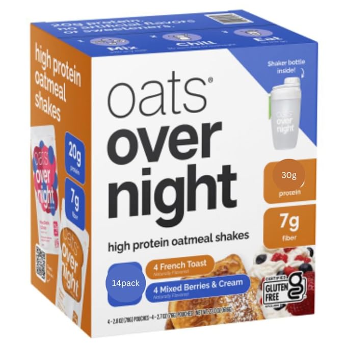 Oats Overnight Variety Pack 30g Protein Oatmeal Shake Cookies &amp Cream &amp Fudge Brownie High Protein Breakfast Drink Mix Just Add Milk 14 Pack + Shaker Bottle Included