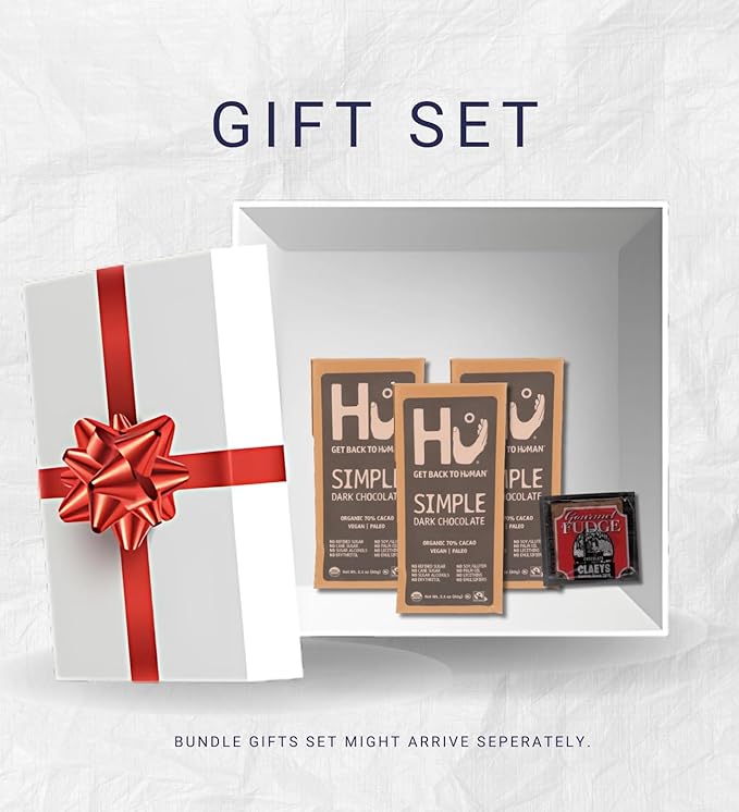 3x Hu Choc Simple Bar 2.1 OZ Bundle with Chocolate Fudge Candy – Dark Chocolate Bar with Minimal Ingredients Paired with Rich Fudge Treat for Snacking or Gifting – Gift Set (4 Items)