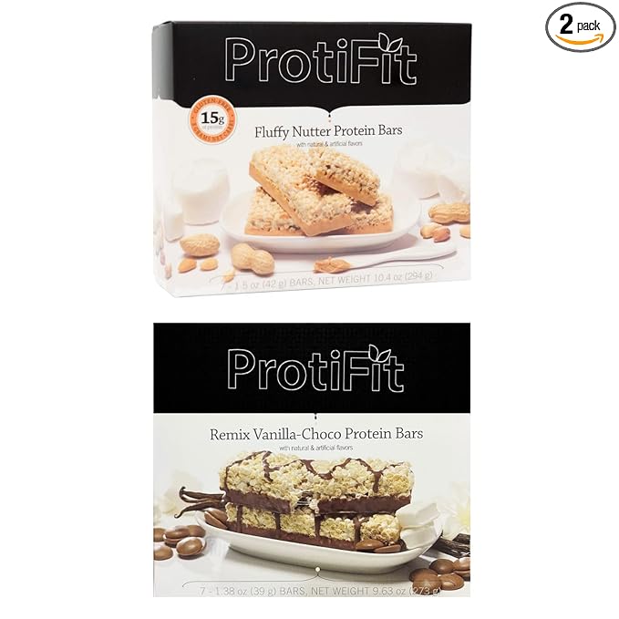 PROTIFIT - Low Calorie Fluffy Nutter &amp Remix Vanilla-Choco Protein Bar 2 Pack High Protein 15g Protein Low Carb Low Sugar Ideal Protein Compatible 7 Servings Per Box (2 Pack)