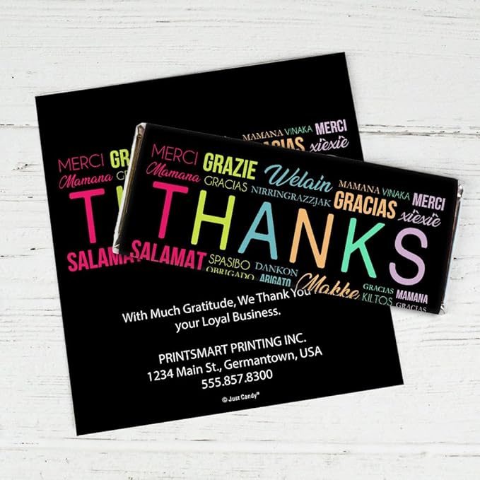 50 Pack Personalized Thank You Chocolate Bar Wrappers For DIY Party Favors Appreciation Event Gifts Corporate Giveaways &amp More - Languages (Candy Not Included)