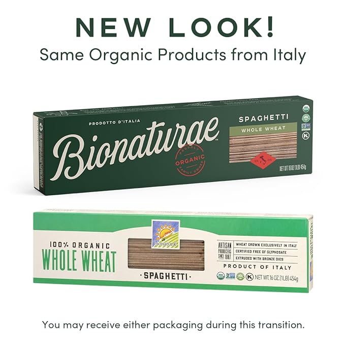 Bionaturae Spaghetti Pasta Noodles - Whole Wheat Pasta Kosher Certified High Protein Non-GMO USDA Certified Whole Wheat Spaghetti Spaghetti Pasta Organic Crafted in Italy - 16 Oz 6 Pack