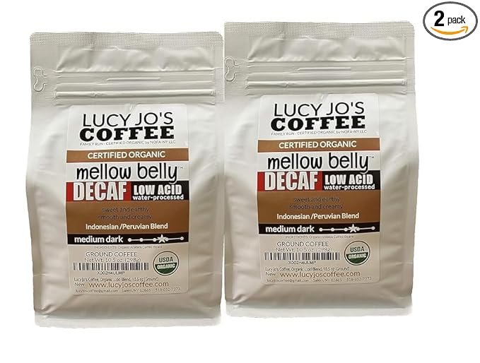 Lucy Jo's Coffee 2 PACK Organic Decaf Mellow Belly Low Acid Blend Medium Dark Ground 2 10.5 oz bags