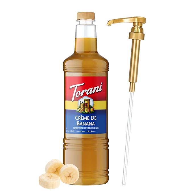 Torani Crème De Banana Syrup 1 Liter Bottle with Pump – Premium Banana Flavoring with Pure Cane Sugar &amp Natural Ingredients for Coffee Cocktails Desserts Smoothies &amp More