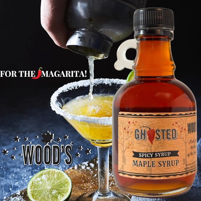 WOOD'S “Ghosted” Maple Syrup – Ghost Pepper Infused | Sweet &amp Spicy Flavor Fusion | Small-Batch Vermont Syrup with Real Ghost Pepper Extract | Vegan Natural Eco-Friendly | Great for Cocktails B