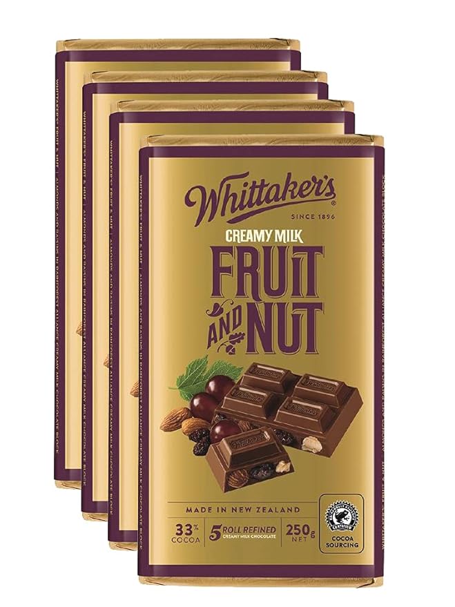 Whittaker's Fruit and Nut Chocolate Block 250g (Pack of 4) （Made in New Zealand）