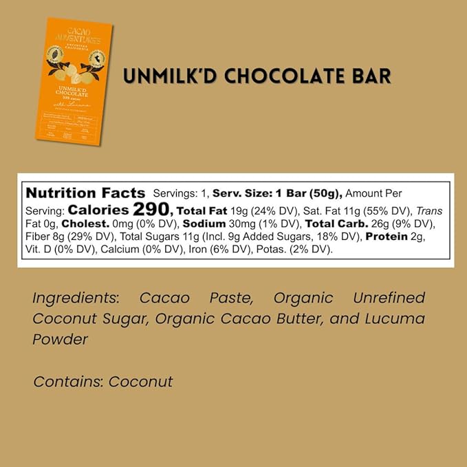 Cacao Adventures - Dairy-Free Lucuma Milk Chocolate | Unmilk'd Bar | Ceremonial Cacao | (1.76 oz - Pack of 3)