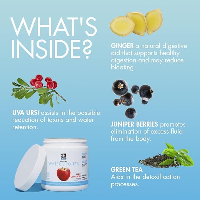 Yes You Can! Water Lipo Tea - Apple Cinnamon All Natural Ingredients Fast-Acting Water Retention &amp Bloating Relief Antioxidant-Rich for Healthy Kidney Function - 40 Servings