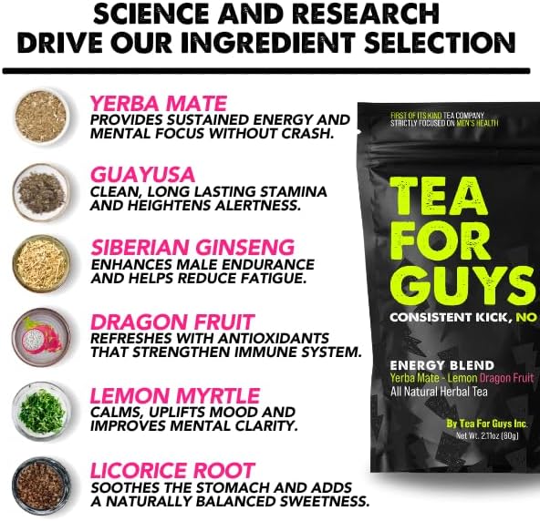 Tea for Guys: Energy Tea – Natural Caffeine Boost for Stamina Focus and Endurance | Herbal Tea for Sustained Energy &amp Mens Vitality – 20 Biodegradable Tea Bags